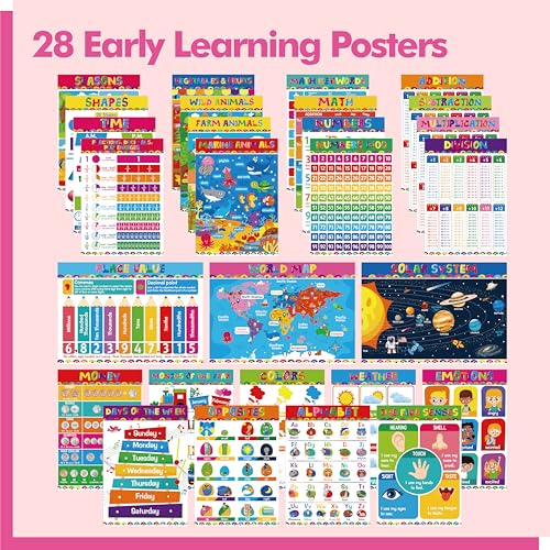 Image of 28 Educational Posters for Kids, All-in-One Set Learning Posters-Alphabet, Animals, Multiplication Chart, USA, World Map, Shapes, PET Film Coated School Supplies For Kindergarten, Preschool, Classroom