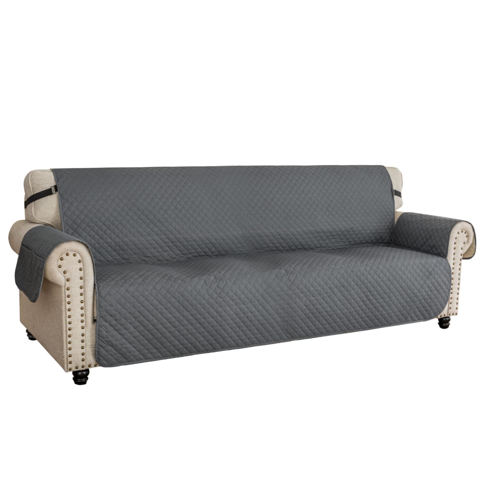 XINEAGE Quilted Sofa Covers 4 Seater, Water Resistant Sofa Slipcovers with Pockets, Extra Large Couch Covers for Dogs Pets, Reversible Sofa Protector with Elastic Strap Washable (XL-Sofa, Dark Grey)