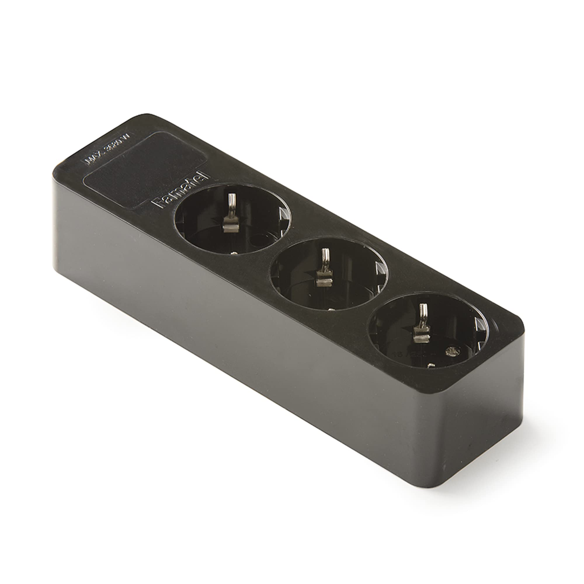 FAMATEL – Regleta de 3 tomas | Sin Cable | Hasta 3680W | 16A | 250V | Protección Infantil | Orientación tomas a 45o | Evita consumos fantasma | Negro