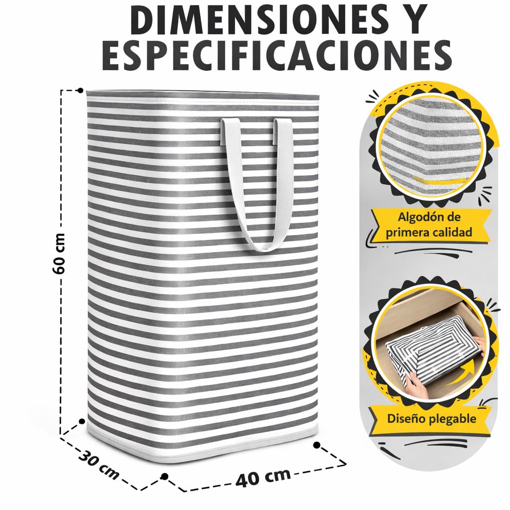 Cesto Ropa Sucia 75L Plegable, Cesta Ropa Sucia Grande con Estructura Metálica y Asas Laterales, 60x30x40 cm, para Baño y Dormitorio (GRIS RAYAS)