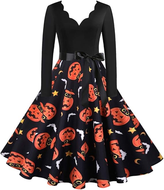 Amazon Co Jp ワンピース レディース ハロウィン Liqiuxiang 可愛い コスプレ イベント コスチューム 長袖 Aライン Vネック 着痩せパーティードレス カボチャプリント 蝶結び付き 復古ヘプバーン ワンピース お呼ばれ 忘年会 発表会 普段着 ホビー