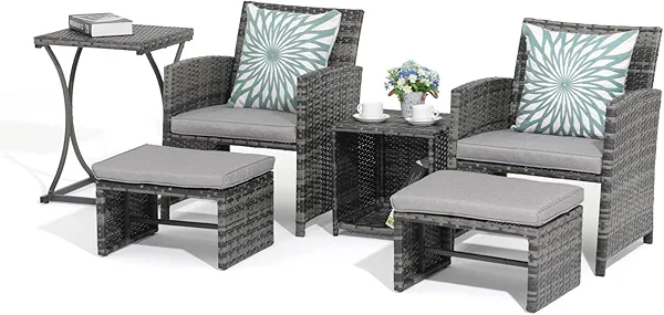 OC Orange-Casual 6 Piece Patio Furniture Conversation Set with Ottoman, Outdoor Grey Wicker Chair and Table Set, Balcony Furniture for Apartments, Light Grey