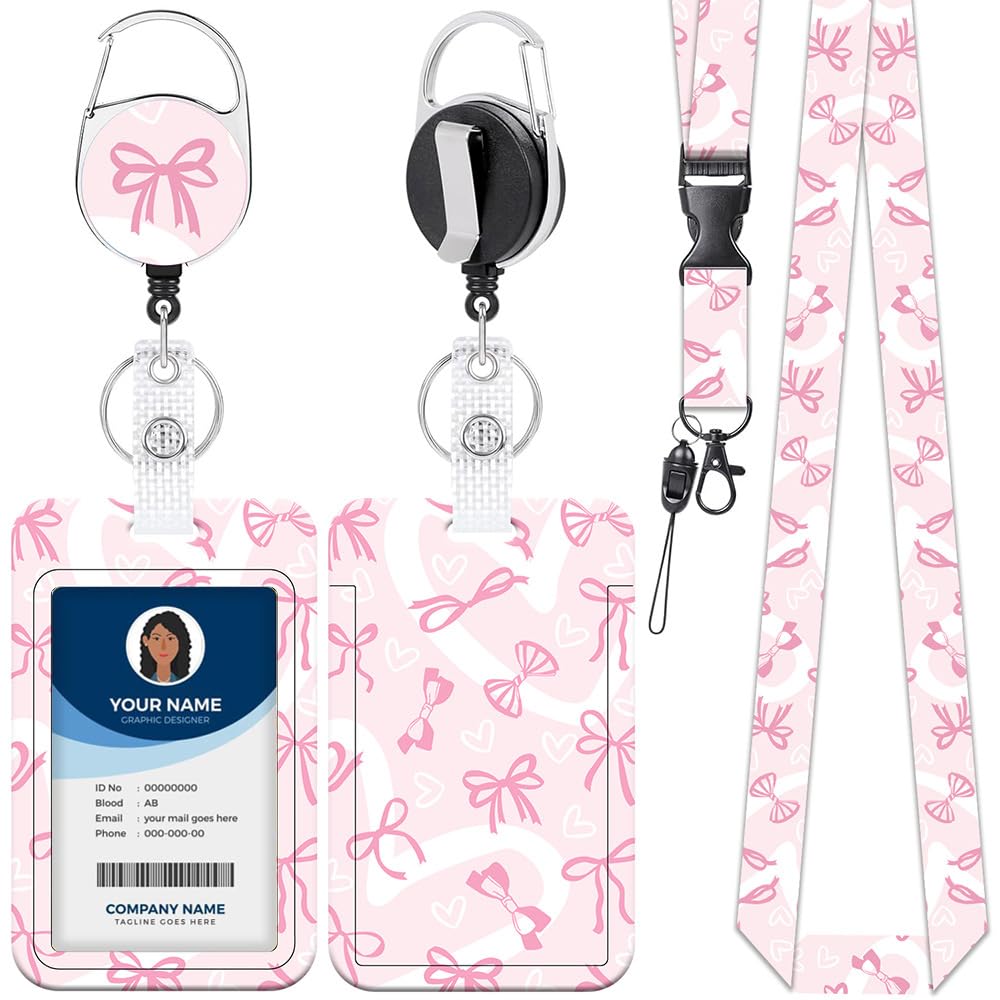 Pink Bowknot Lanyard Card Holder Set with Retractable Badge Reel