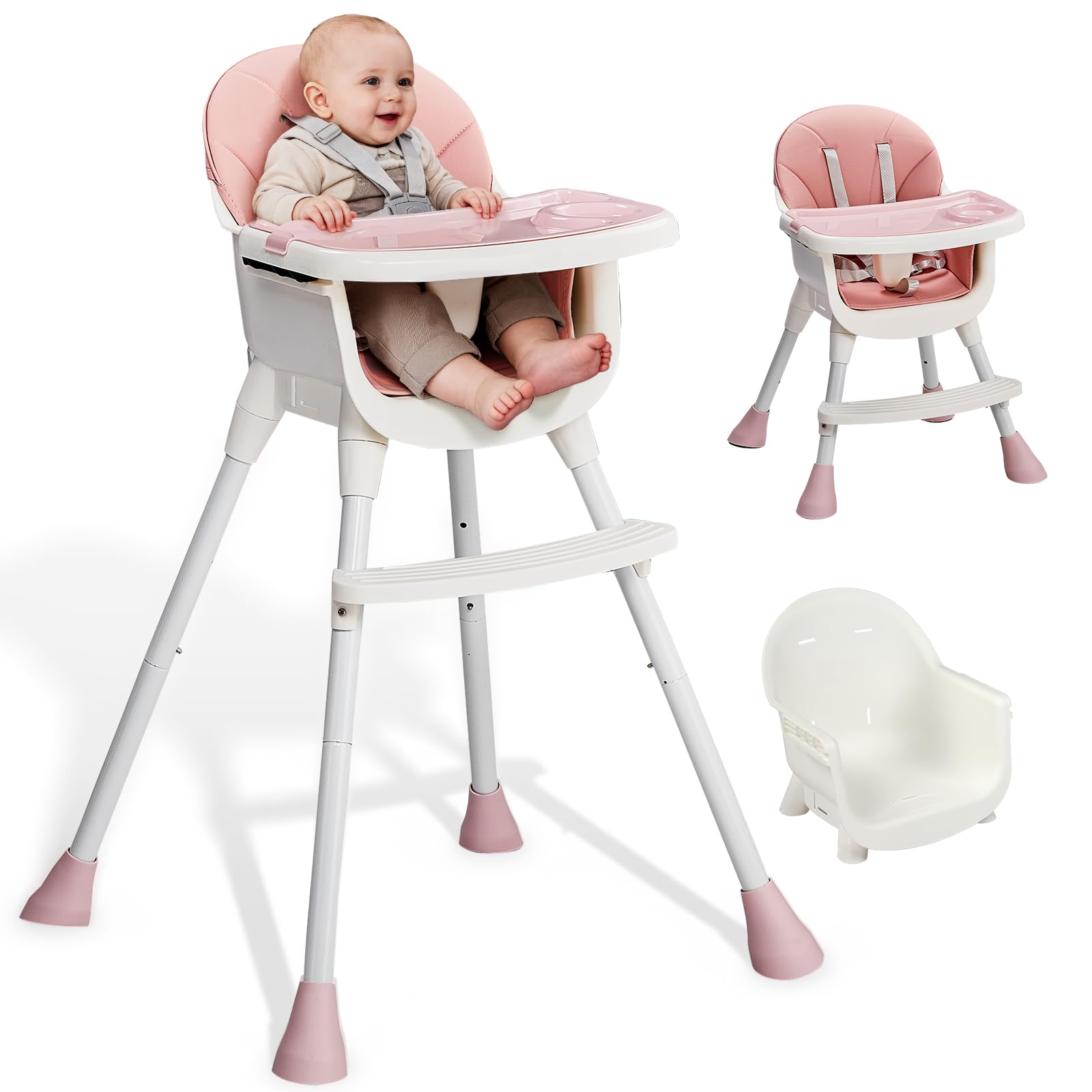 LEADZM 3 in 1 Babyhochstuhl, Verstellbar zum niedrigen Kinderhocker, Abnehmbares Doppeltablett, Mit 5-Punkt-Sicherheitsgurt, Maximale Belastung 15 kg, Geeignet für Babys von 6 bis 36 Monaten (Rosa)