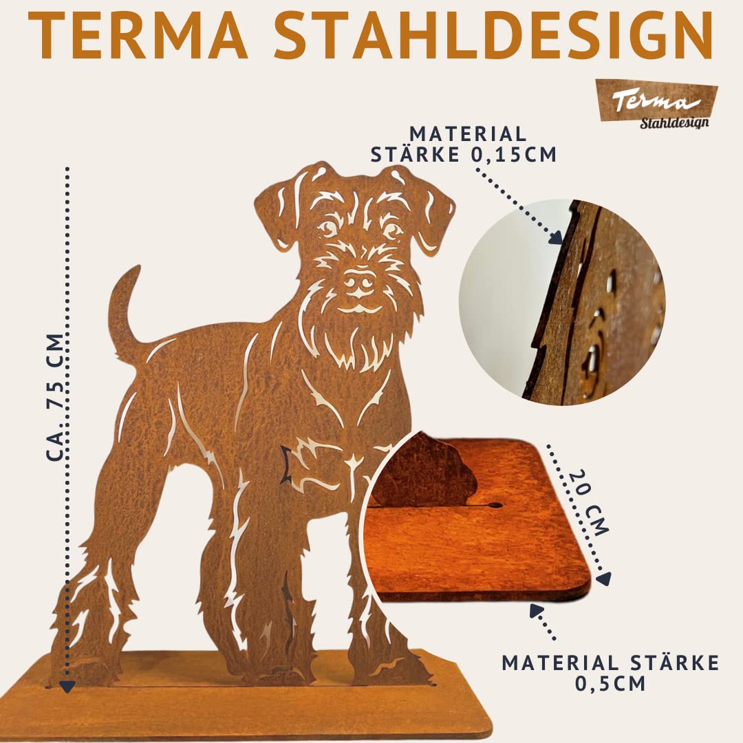 Terma Stahldesign Rost Hund Zwergschnauzer Lebensgroß Handmade Germany Gartendeko aus Metall Figur Geschenk Rostfigur Gartenfigur, Hundegrab