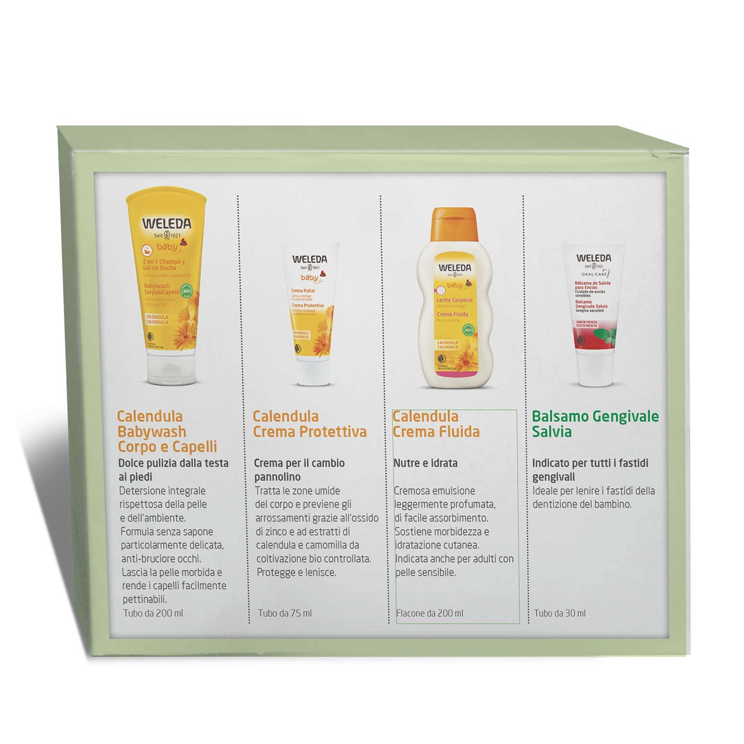 Weleda Mummy Bag, comoda borsa passeggino con kit completo di prodotti cosmetici per la protezione della pelle di neonati e bambini, a base di calendula bio certificata