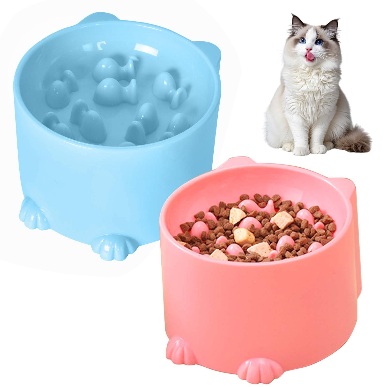 2 Pack Slow Feeder Cat Bowls, Raised Spill Proof Slow Eating Pet Food Dishes for Neck Support, Cat Puzzle Feeder Anti Gulping, Suitable for Cats and Small Dogs (Pink, Blue)