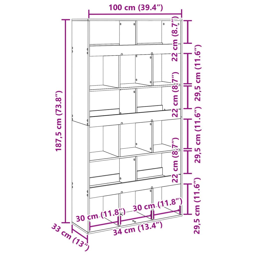 Sonoma Oak Engineered Wood Room Divider Bookshelf | Features 15 open compartments measuring 100x33x187.5 cm, ideal for living room and office storage.