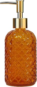 Glass Soap Dispenser with Gold Plastic Pump, 13.5oz Refillable Liquid Hand Soap Dispenser, Crystal Lotion Bottle for Modern Home Decor, Bathroom, Kitchen Countertop, Hotel(Orange)