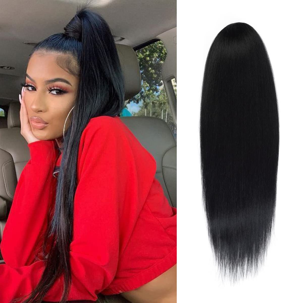 Instant Glitz Ponytail Extension Straight 28 Inch Long Drawstring Ponytail for Black Women Natural Clip in Hair Extension Fake Ponytail Synthetic Hair Piece (28 Inch (Pack of 1), 1B (Off Black))