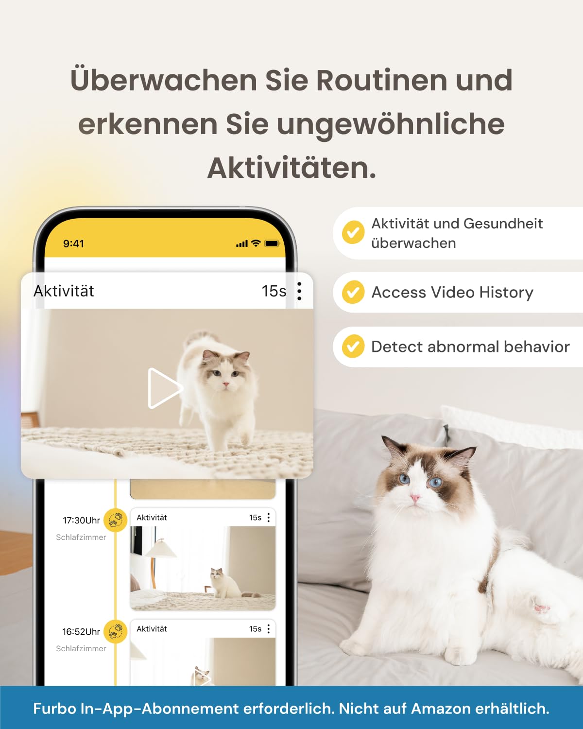Furbo 360° Katzenkamera mit Heimsicherheits-Paket [Premium MIT ABO]: Intelligente Kamera mit App für Katze & Heim, Rotierende 360° Sicht, Farbnachtsicht, Tracking, Leckerliwurf, Miauen-Alarm UVM.