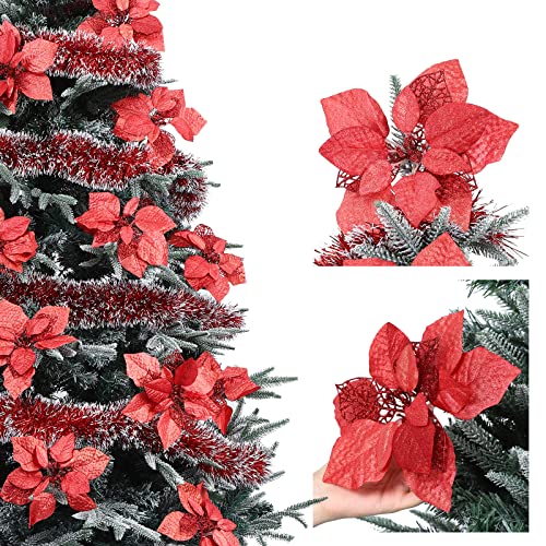 15 Pcs 8.7 inch Artificial Poinsettia Flowers Christmas Glitter Poinsettia with Clips Christmas Poinsettia Decorations Ornament Christmas Flowers (Christmas Red)