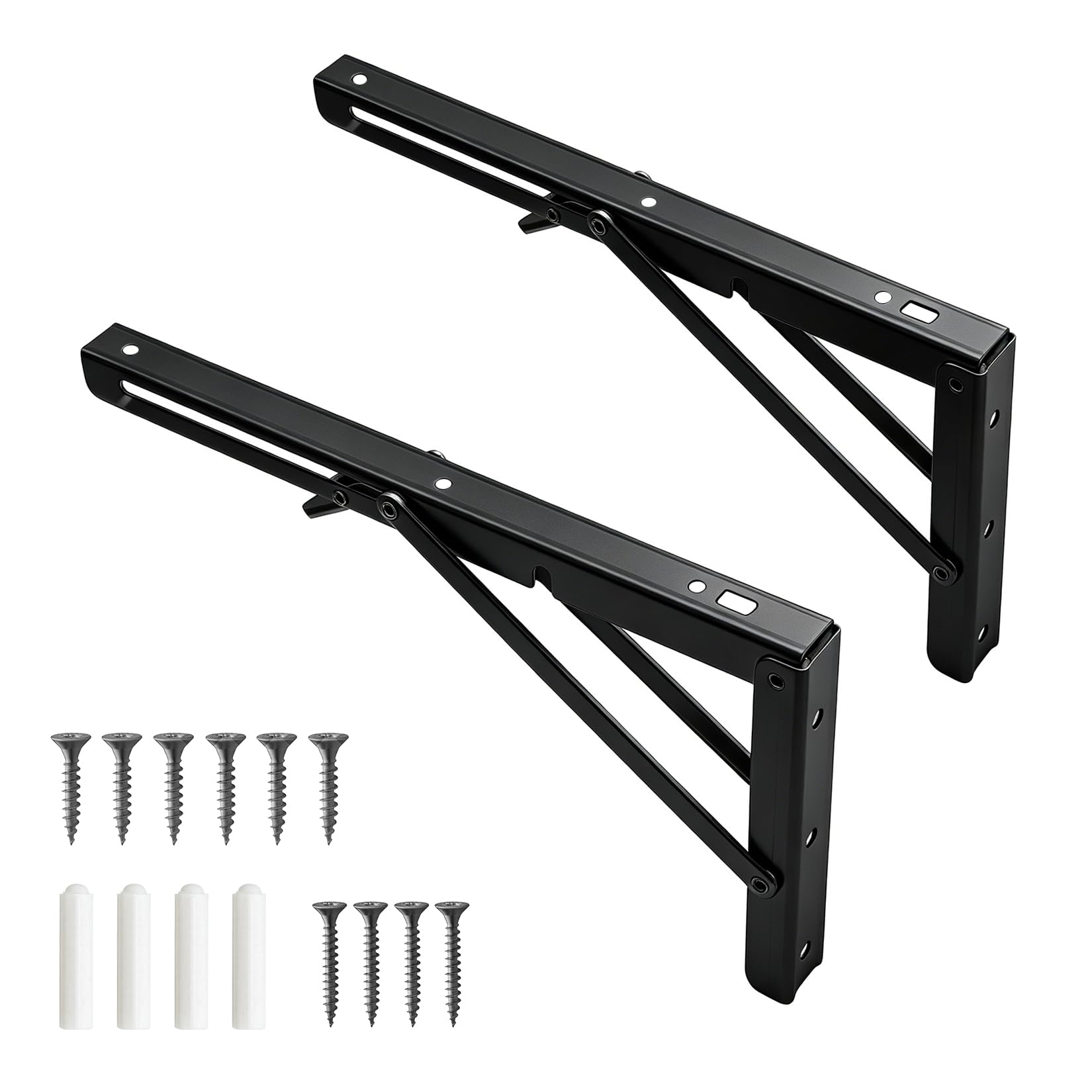 2 PcsFolding Shelf Brackets Heavy Duty, Wall Brackets for Shelves, Folding Bracketss, 90 Degree Metal Folding Consoles for Table Foldable Work Bench Kitchen Office Wall - Black (8 Inch)