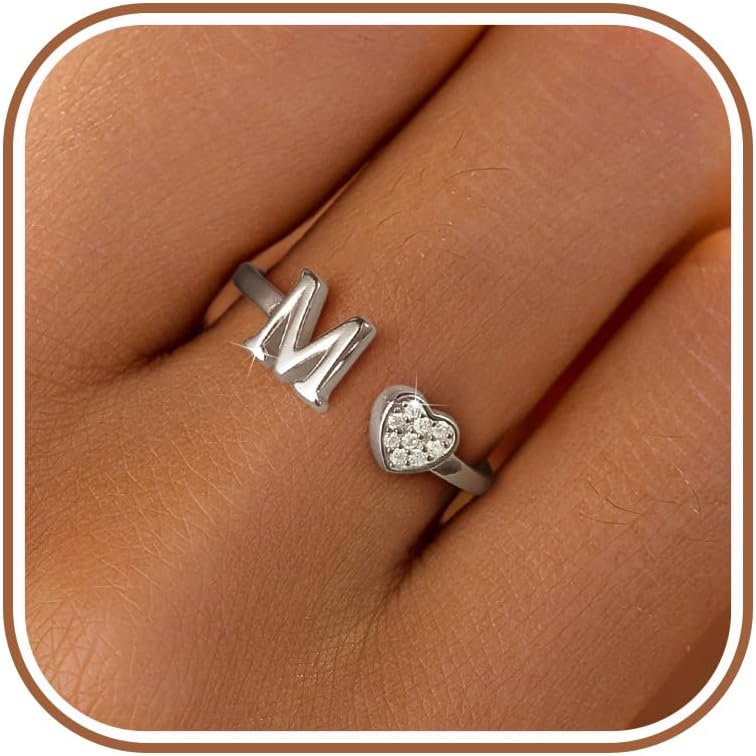 LOVECOM Initial Heart Rings for Women 925 Sterling Silver Gold Adjustable Letter Name Ring Non Tarnish Trendy Stuff Alphabet Letter CZ Stackable Ring Jewelry Gifts for Mom Daughter Sister