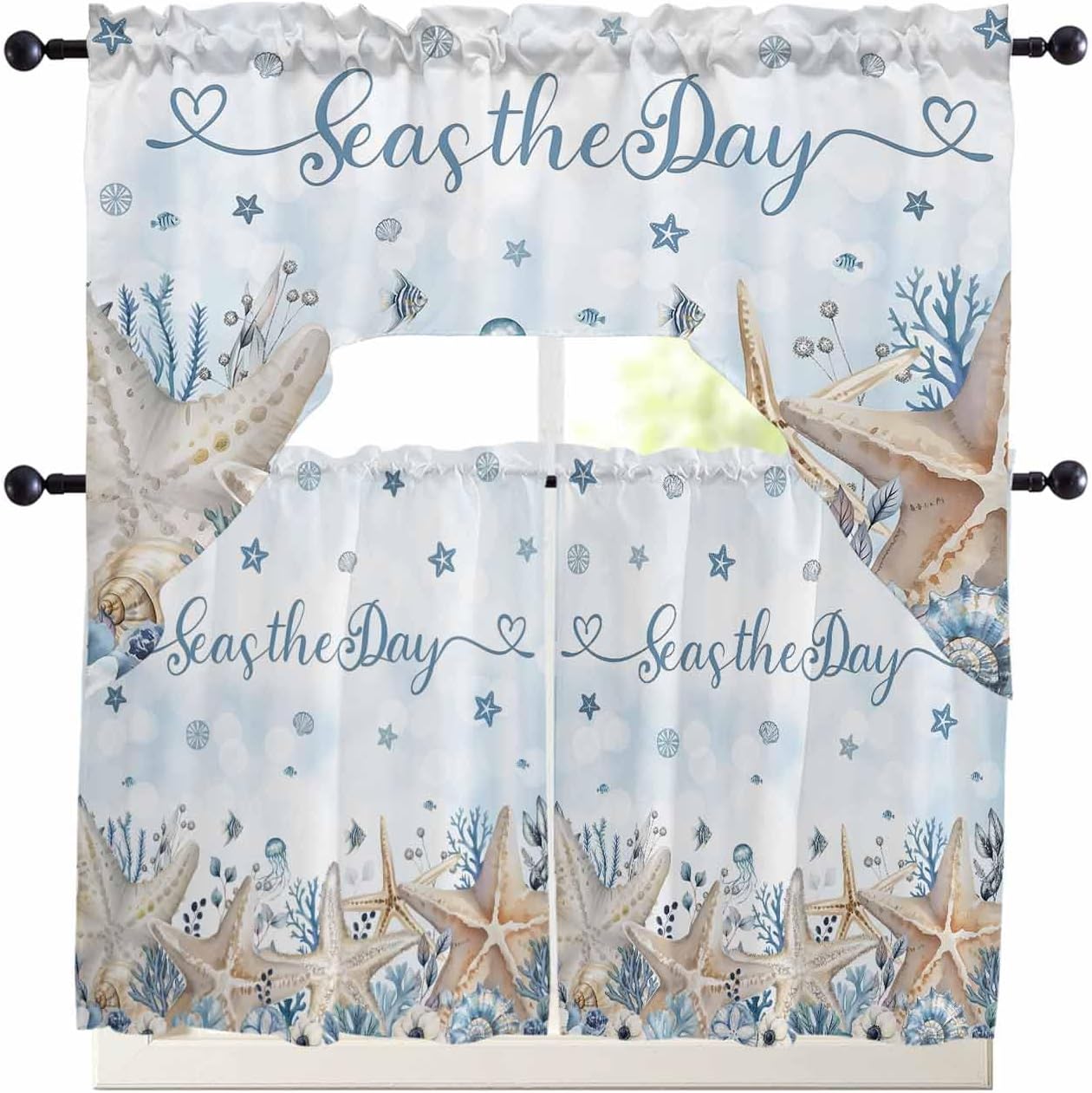 Blue Starfish Coastal Swag Curtains Valance and Tier Set, Rod Pocket Curtain Drapes for Bedroom Bathroom Sink Kitchen Curtains 3 Piece Set Nautical Summer Beach Ocean Coral Swag Valances and 36" Tiers