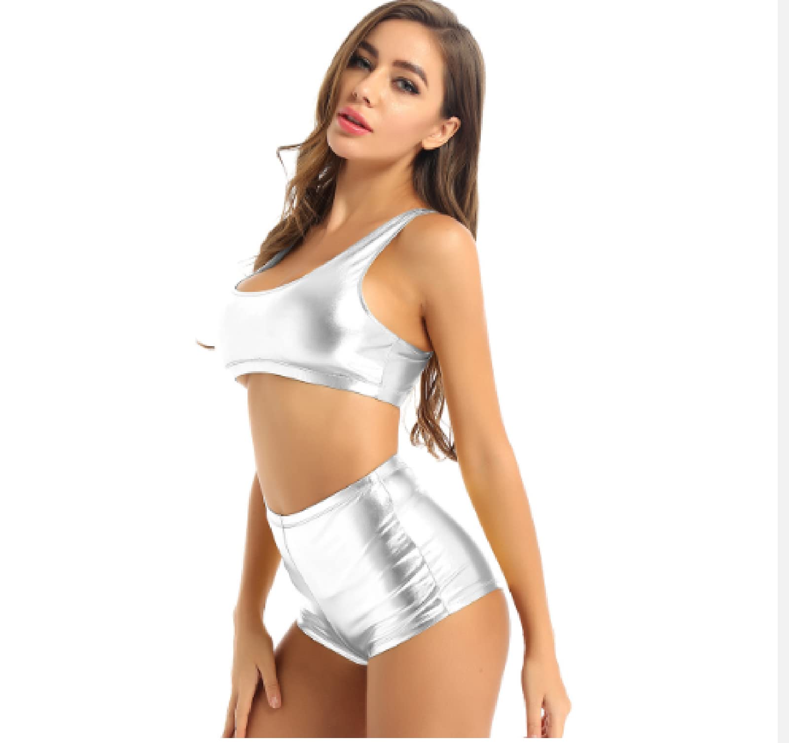QJZM Donne Pole Dance Abbigliamento Outfit Shorts Racer Back Crop Top Metallizzato Lucido Costumi di Danza Sexy