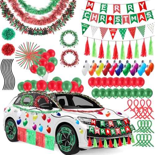 Soulchen 109 Pcs Christmas Car Decoration Kit Christmas Parade Float Decorations Red Green White with Reflective Bulbs Magnets Stickers Flag Tinsel Garlands Banners for Xmas Holiday Cute Decoration