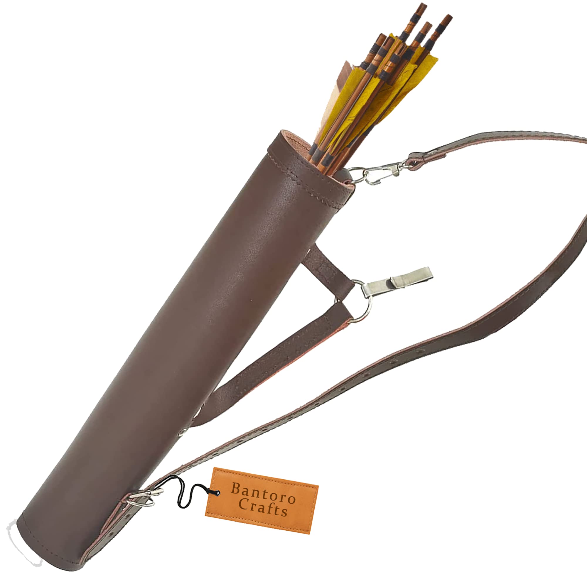 Bantoro Crafts Leather Archery Quiver 17 Inch Handmade Cowhide Suede Arrow Holder with Adjustable Shoulder & Waist Straps (Dark Brown)