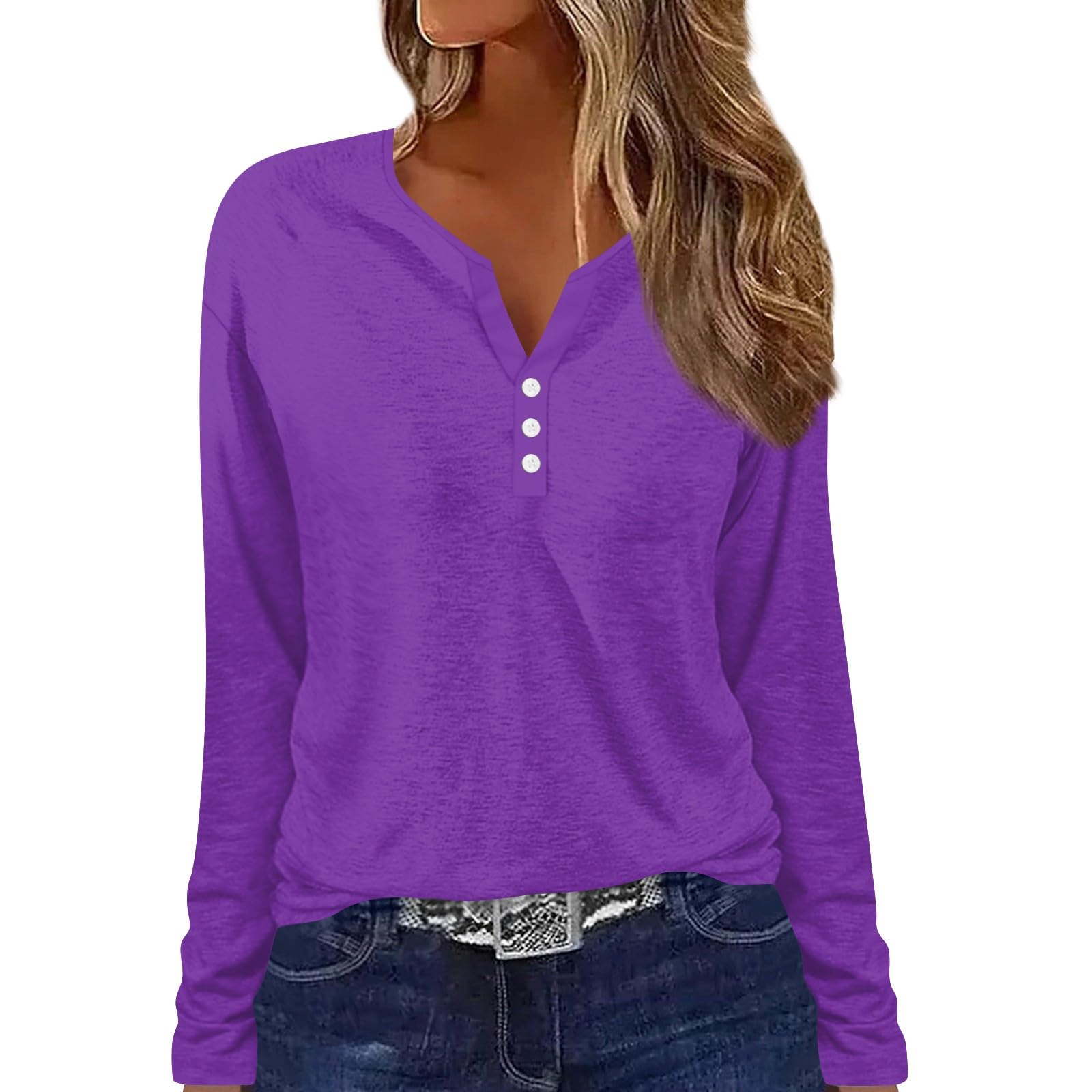 CUCUHAMBlouses for Women Dressy Casual Long Sleeve V Neck Shirt Button Tunic Tee Fall Winter Henley Pullover Tops