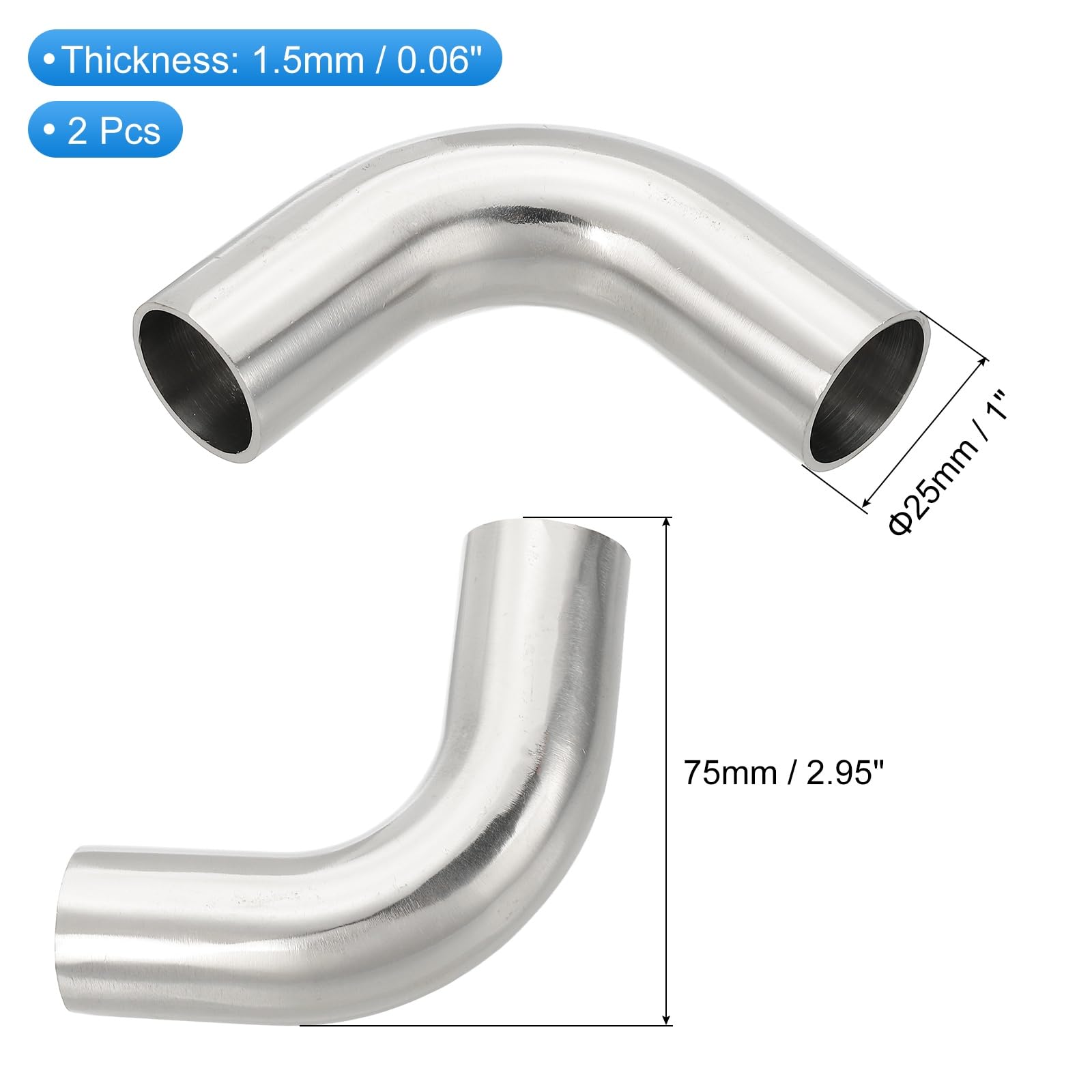 PATIKIL 2 Piezas Codo De Curva Mandril 90 Grados 1 Pulgada (25mm) Diámetro Exterior Acero Inoxidable 316 Conector Para Tubo De Escape Barandilla HVAC