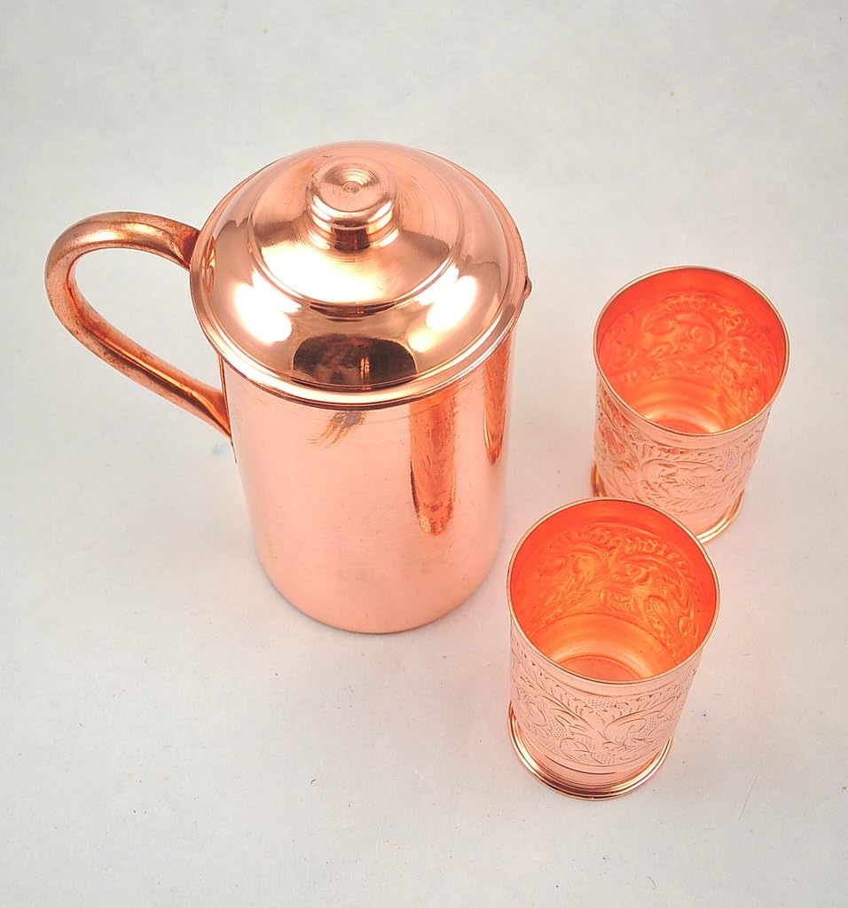 Karmakara Handmade Pure Copper Vessel Pitcher Jug With Two Glasses Mug Tumbler Set, 1.25 L