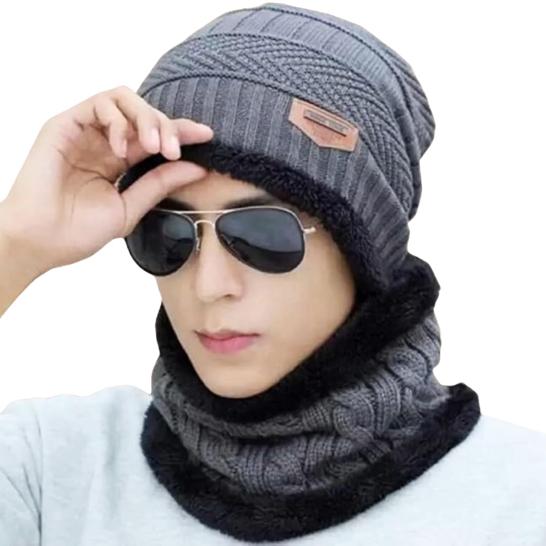 Dark Grey Woolen Winter Cap and Neck Warmer for Men, Women, Boys, Girls, Thermal Wear