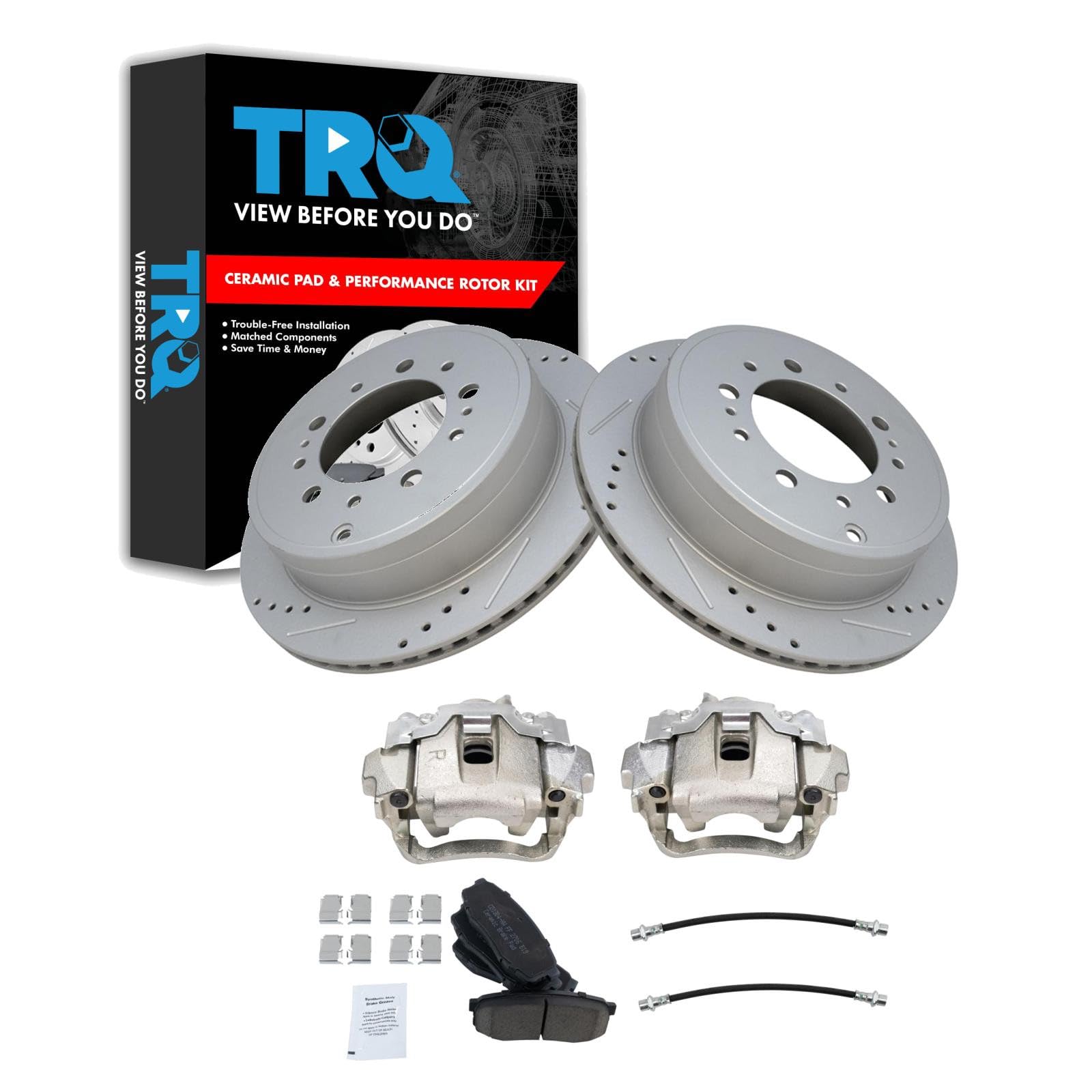 TRQ Performance Rear Brake Pad and Rotor Set Ceramic Slotted Drilled Coated