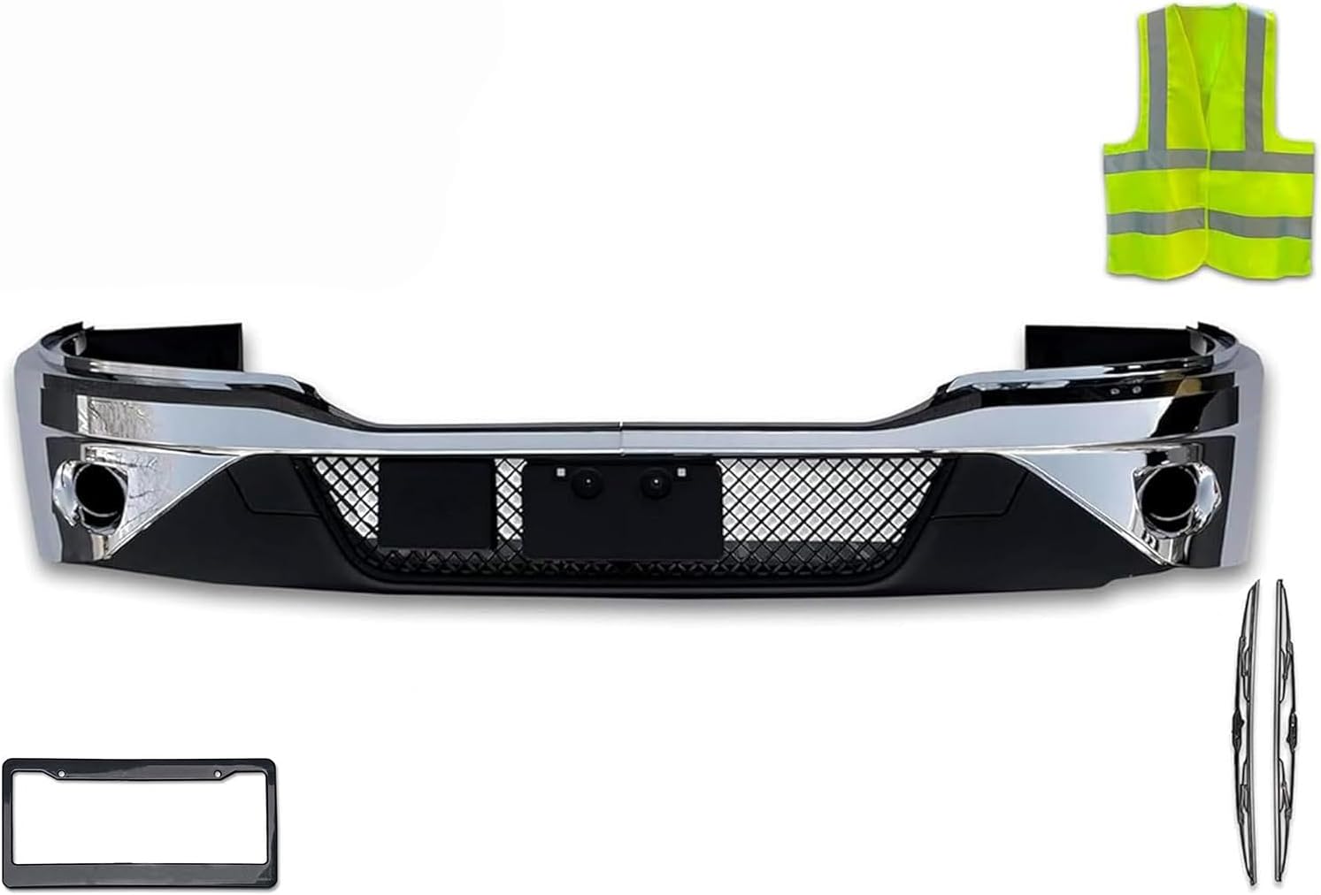 KOZAK Chrome Bumper with Fog Lamp Hole (13 parts) Compatible with Kenworth T680 Next Gen 2022 2023+ PLUS Logo, 2x22" Windshield Wipers, License Plate Frame and Vest