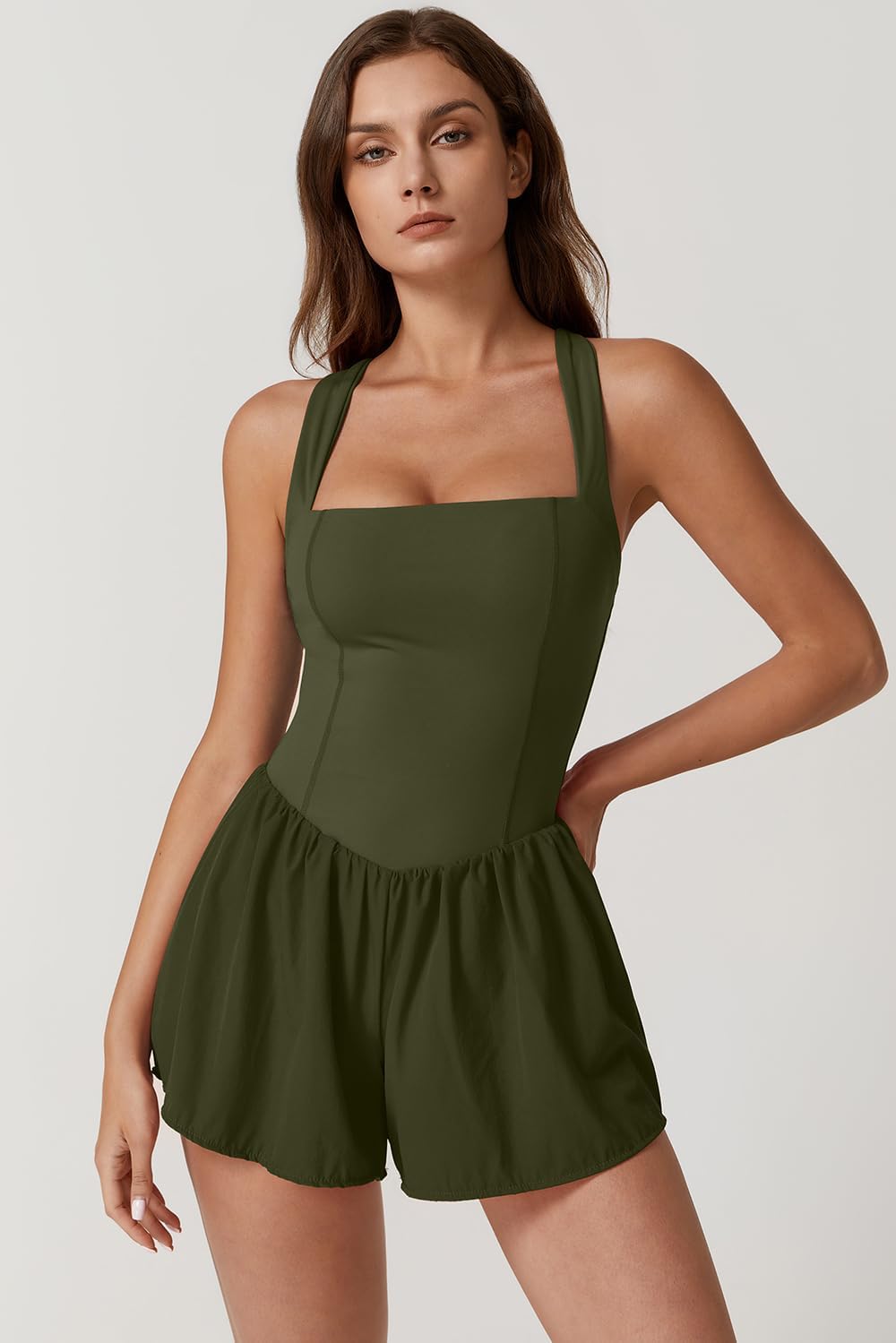 QINSEN Women's Square Neck Sleeveless Romper Jumpsuit Casual Summer One Piece Outfit with Pocket - Image 3