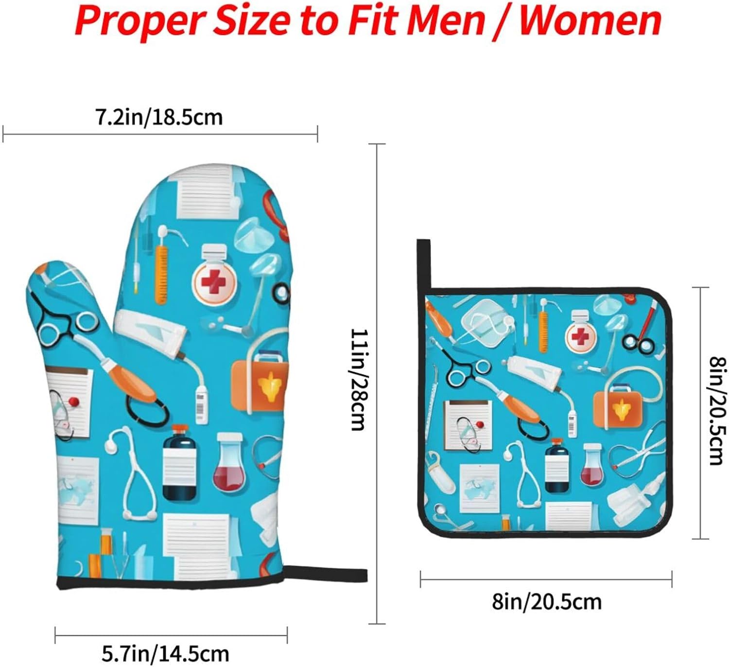 (Cartoon Medicine Pattern) Baking 4-Piece Set: 2 Oven Mitts and 2 Pot Holders Heat Resistant Waterproof Hanging Loop for Kitchen Oven Grill Housewarming Gifts