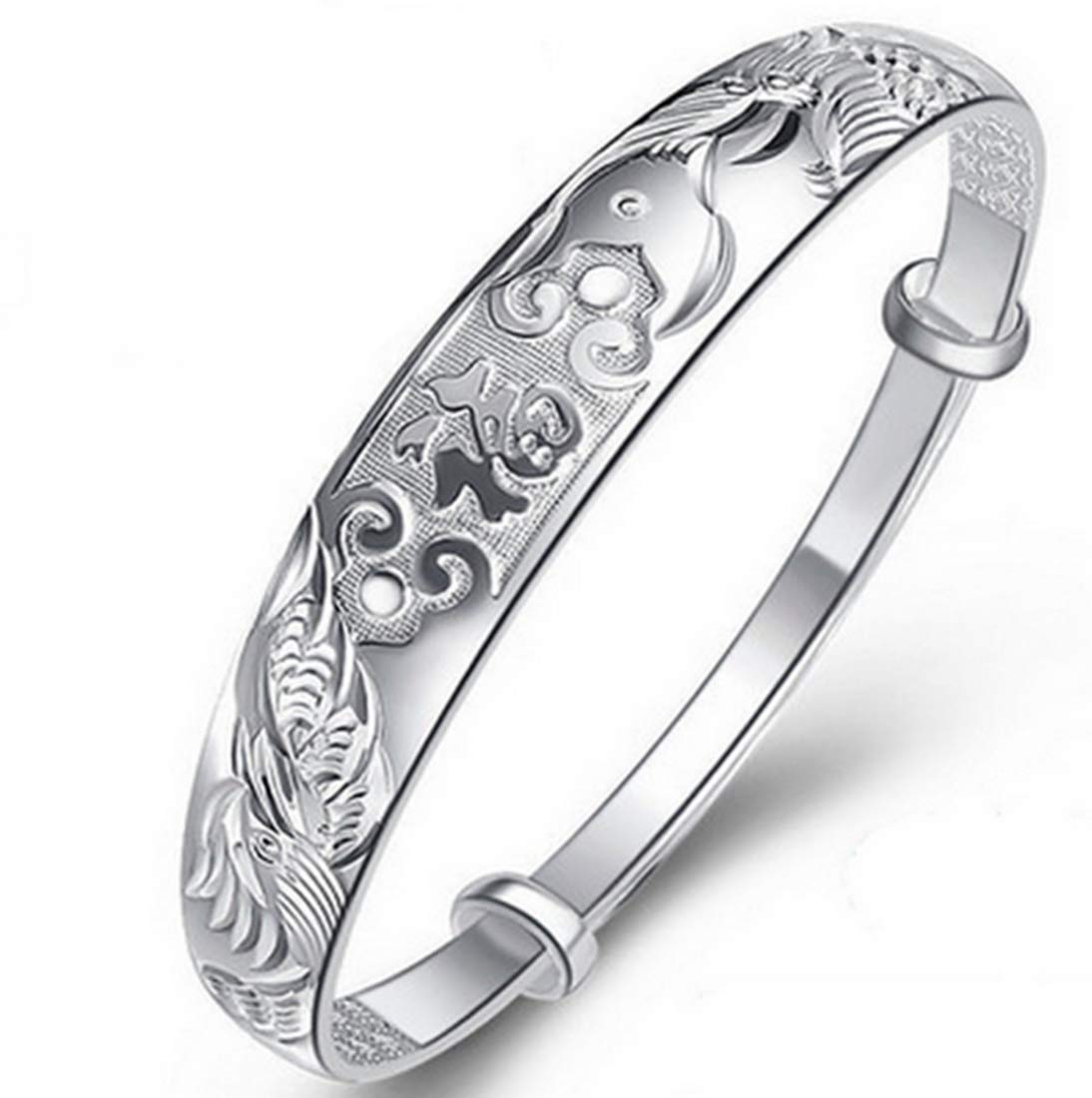 HOMEYU® Women's 925 Sterling Silver Folk-custom Dragon Phoenix Bangle Bracelets National Style Mascot Blessing