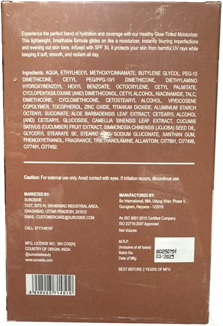 Suroskie My Glow Tinted Moisturizer, 60ml, Medium Shade, SPF 30, With Niacinamide and Natural Extracts