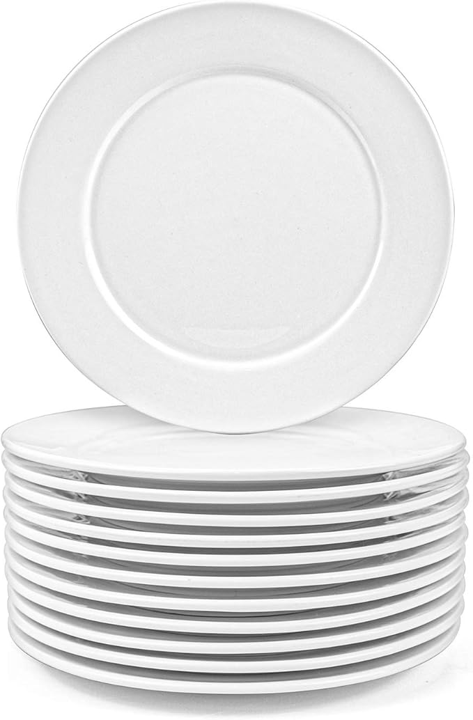 Foraineam 12 Pieces 8 Inch Round Porcelain Dinner Plates Salad Plate Set White Dinnerware Dish