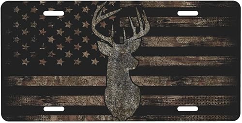 Placa de matrícula de camuflaje con bandera estadounidense de camuflaje para caza, ciervos, placa de metal de aluminio, decoración de automóvil, 6 x