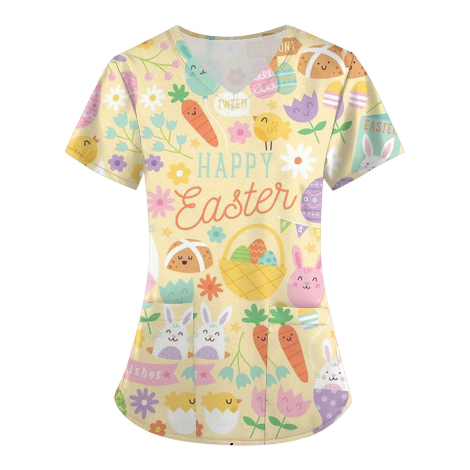 Women Easter Scrub Tops Short Sleeve V Neck Nurse Working Uniform Soft Stretch Egg Printed Medical Care Shirts