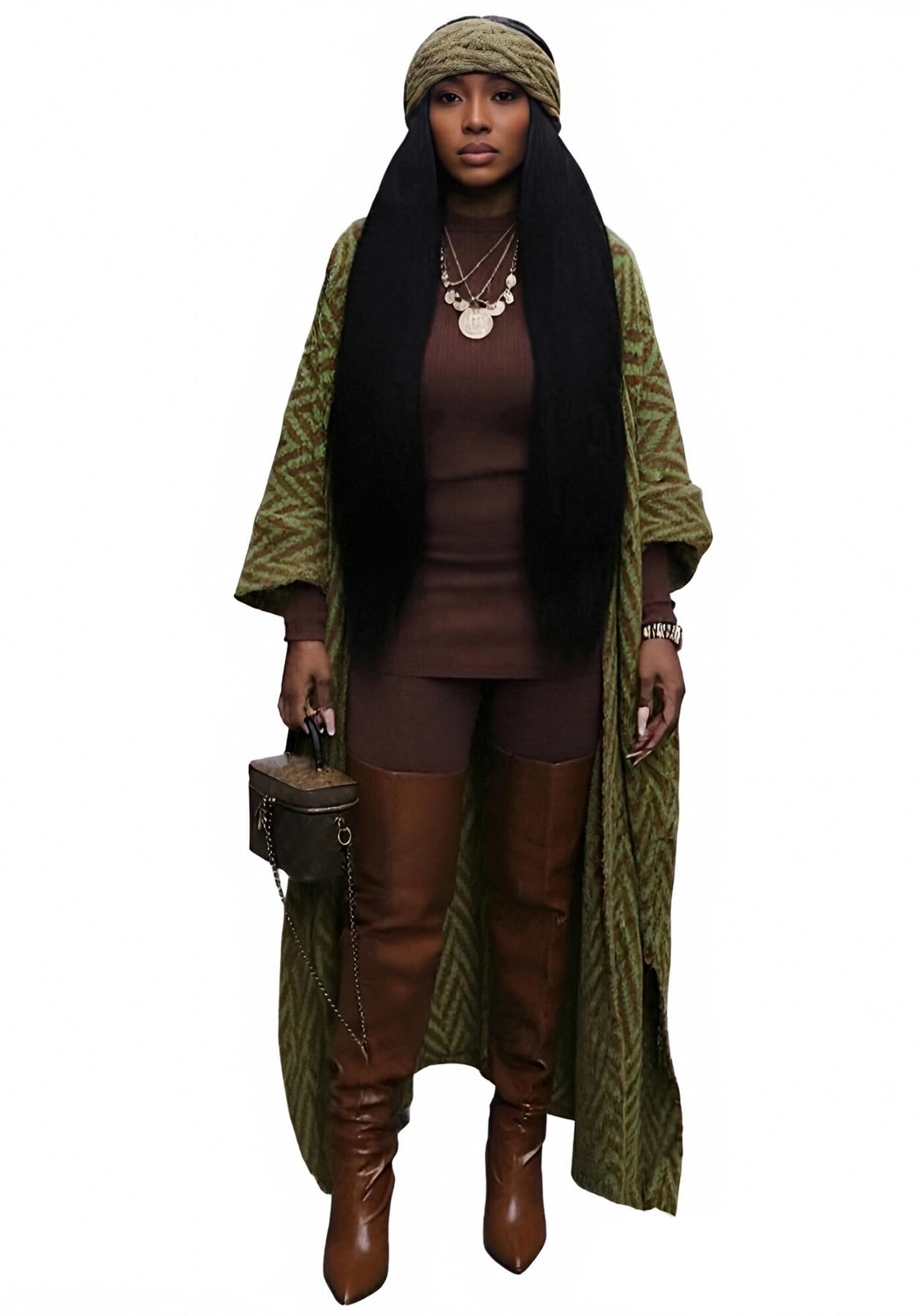 Famnbro Women Long Cardigan Sweaters Chunky Striped Open Front Batwing Sleeves Duster Knitted Outwear with Headbands