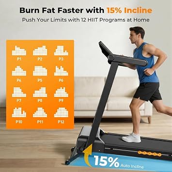 JAGJOG Treadmill for Home with 15% Auto Incline, 3.5HP Quiet Foldable Treadmill, 12 HIIT Programs, 14.96 Wide LED Touchscreen, Smart App & Heart Rate, 300 LBS Capacity, Fully Assembly