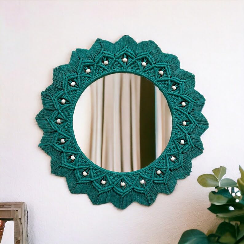 ARSHLAZA Handcrafted Macrame Wall Mirror, Round Decorative Mirror with Teal Frame, Boho Home Decor-image-6