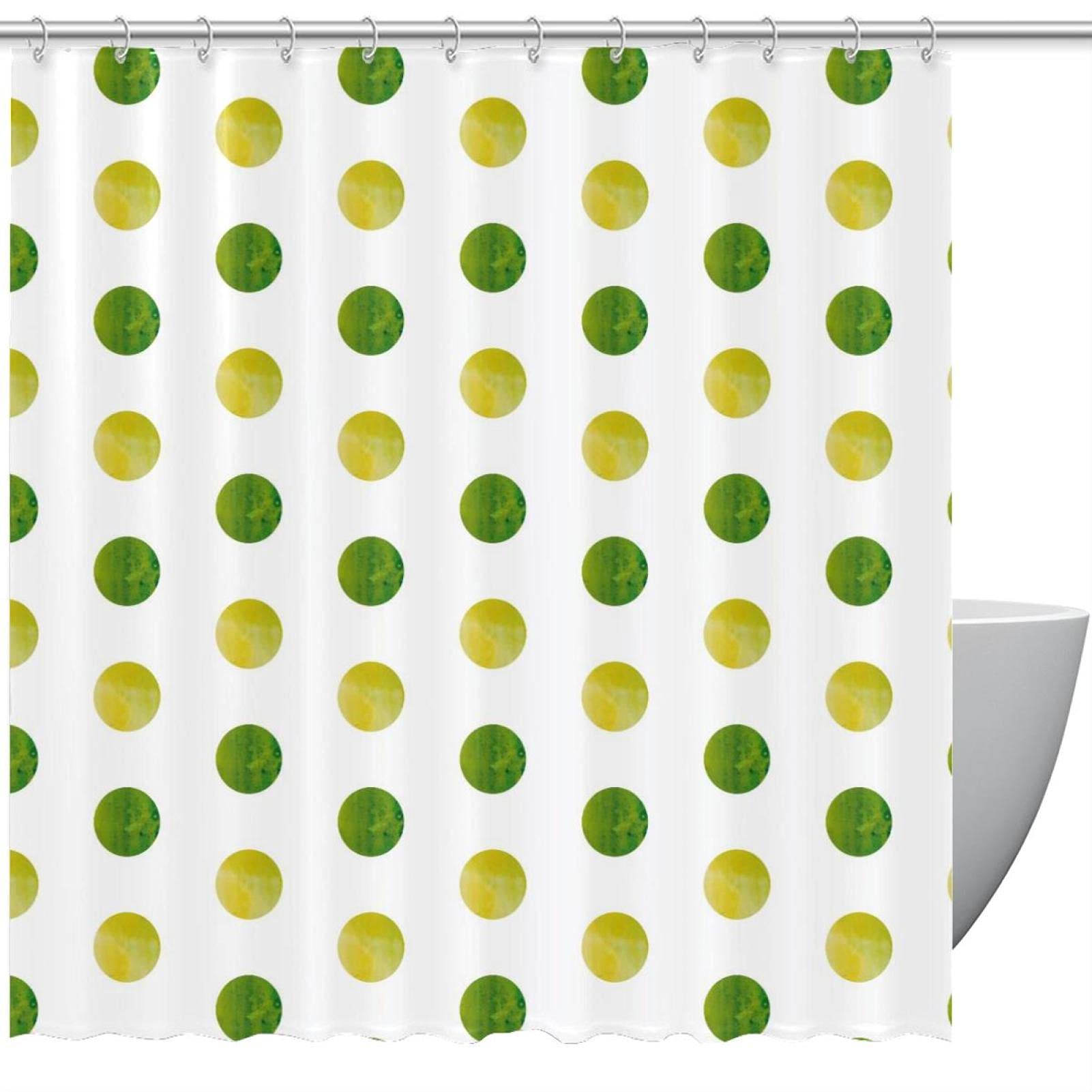 Rideau de douche vert jaune à pois aquarelle grand format au design artistique