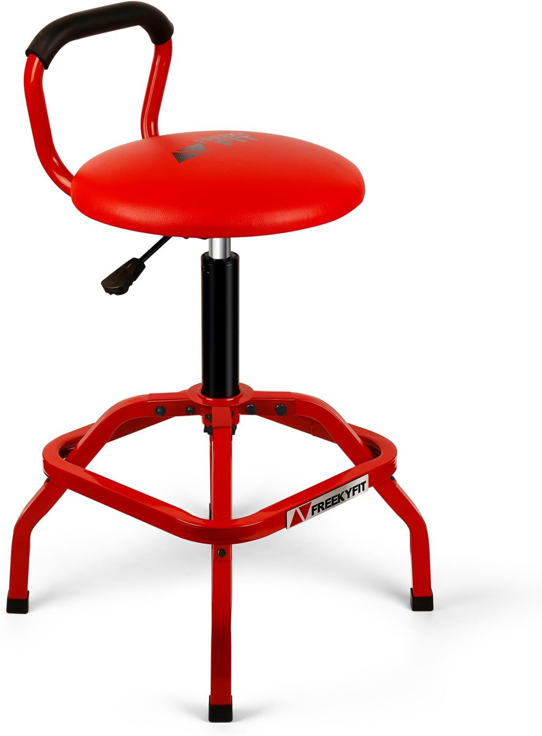 FreekyFit Shop Stool Chair with Backrest, Adjustable Bar Stool for Garage Work, Mechanic Workbench Stool, Padded Workshop Stool with NBR Handle, 300 LBS Capacity, 360° Swivel Seat, Heavy Duty, Red