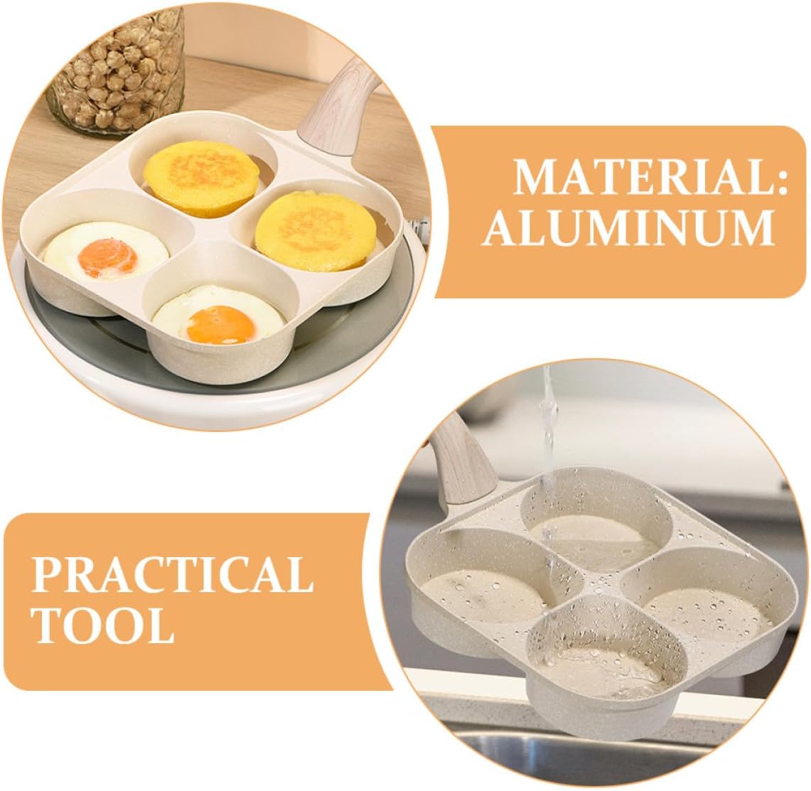 4-cup Nonstick Egg Skillet Deep Breakfast Pan for Fried Eggs and Omelettes, Beige Divided Frying Pan Mold Suitable for Gas and Induction Stoves