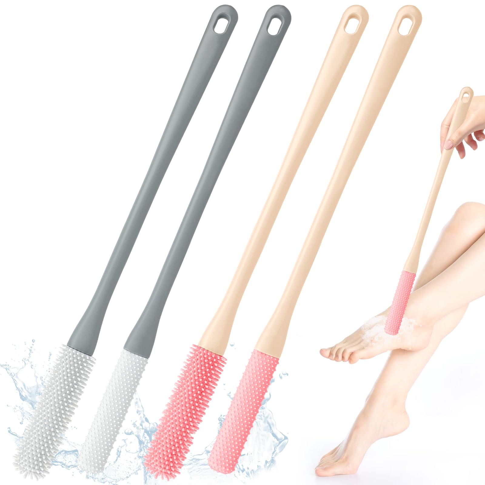 4 Pack Toe Cleaning Brush, 15.7” Long Handled Silicone Foot Scrubber for Shower, Toe Crevice Cleaning Brush & Exfoliating Brush, Foot Care for Elderly