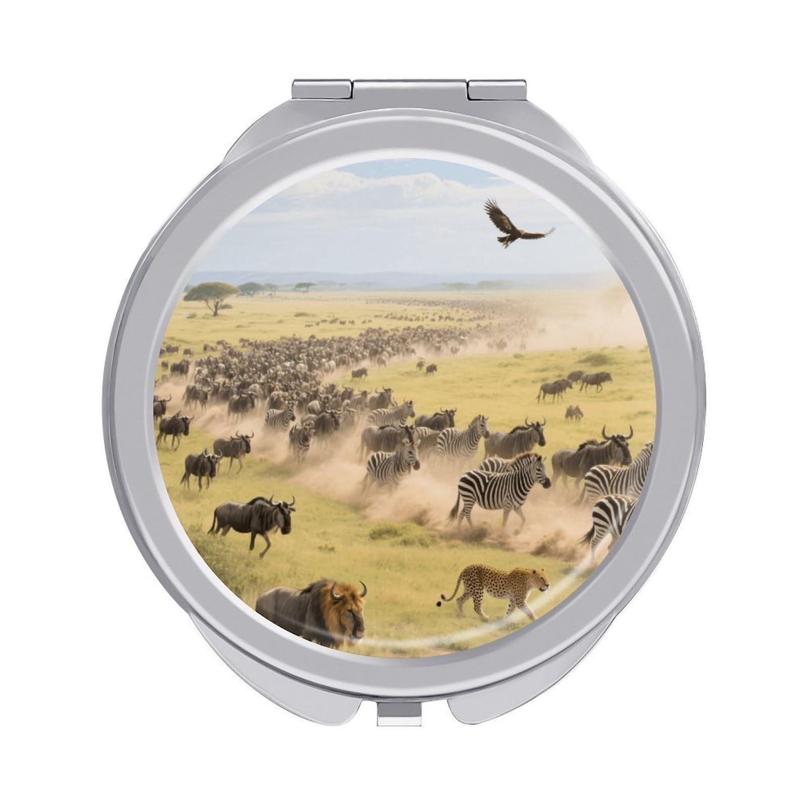 Fekiloot Style Grassland Animal Migration Travel Makeup Mirror Handheld Compact Mirror Portable Pocket Mirror Double-Sided 1X/2X Magnifying For Handbag And Purses