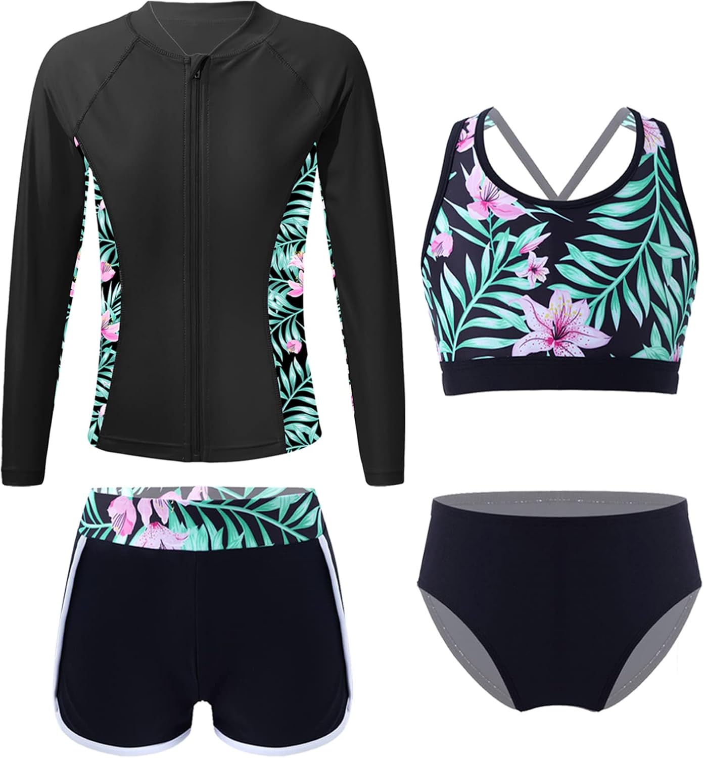 Girls Printed Swimsuit with Strappy Crop Top and Briefs Shorts UPF 50+ Rash Guard Set
