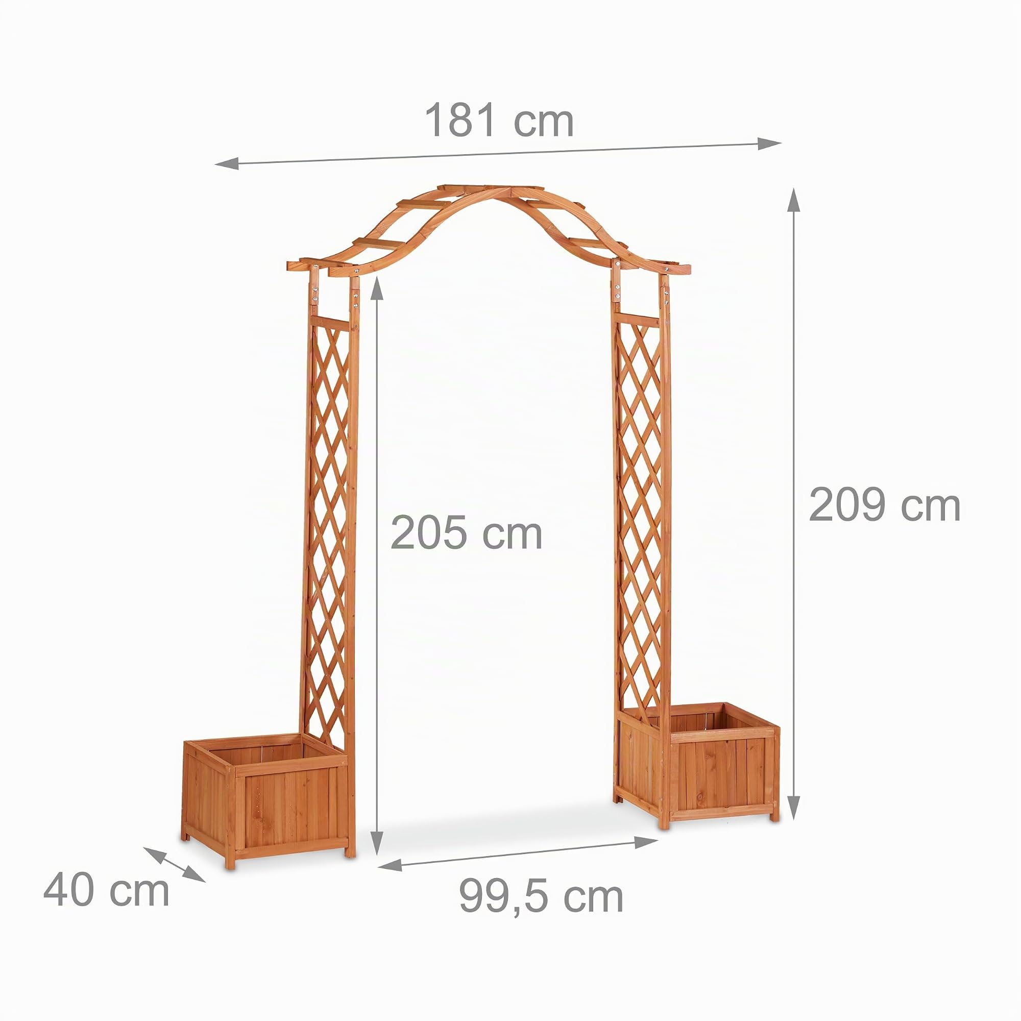 Relaxdays Jardinière pergola, Treillis Plante grimpante Bois 2 bacs à Fleurs, 209 x 181 x 60 cm, Orange
