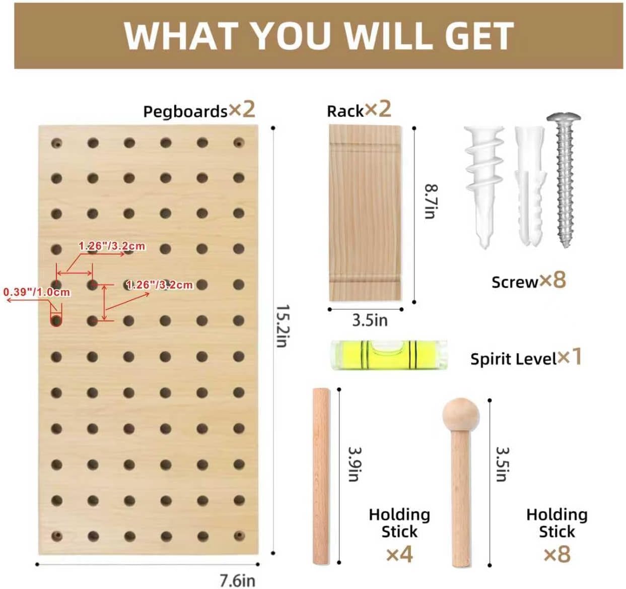 Beige Wood Pegboard Modular Display Wooden Pegboard Combination Wall Organizer Storage Wall Hooks Shelf for Home, Office, Bathroom, Comes with 2 Pieces Pegboards