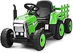 Costzon Ride on Tractor with Detachable Trailer, 12V Kids' Electric Vehicles w/3-Gear-Shift Ground Loader, Wireless Design & USB, 7 LED Headlights, Remote Control Tractor Toys for Kids 3+ (Green)