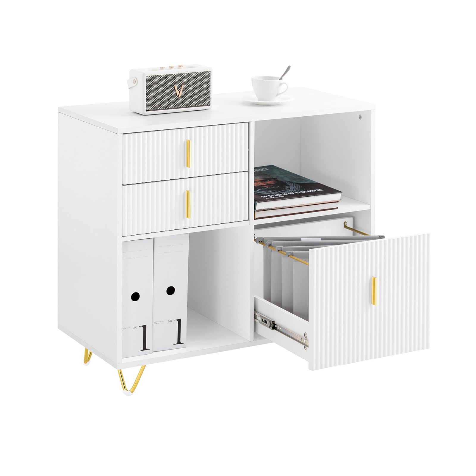 SoBuy Meuble Imprimante et Rangement Bureau Caisson de Bureau avec 3 Tiroirs et 2 Compartiments Ouverts Meuble pour Imprimante Compact Blanc 80x40x75 cm ASK11-W