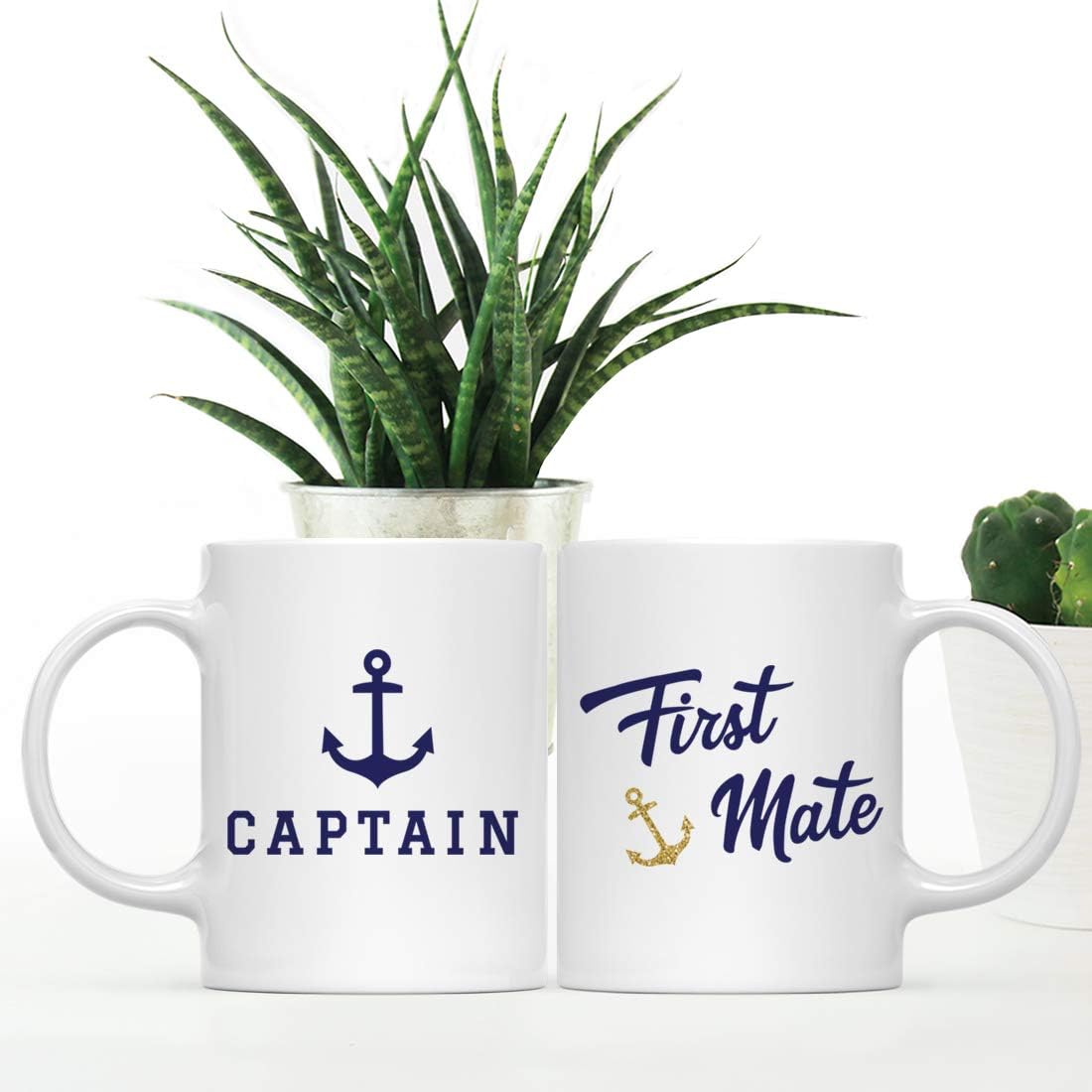 Andaz Press Wedding Party Couple 11oz. Coffee Mug Gift, Captain, First Mate, Nautical Theme Anchor Navy Blue Faux Gold Glitter, 2-Pack, Birthday Bridal Shower Bachelorette Present Ideas