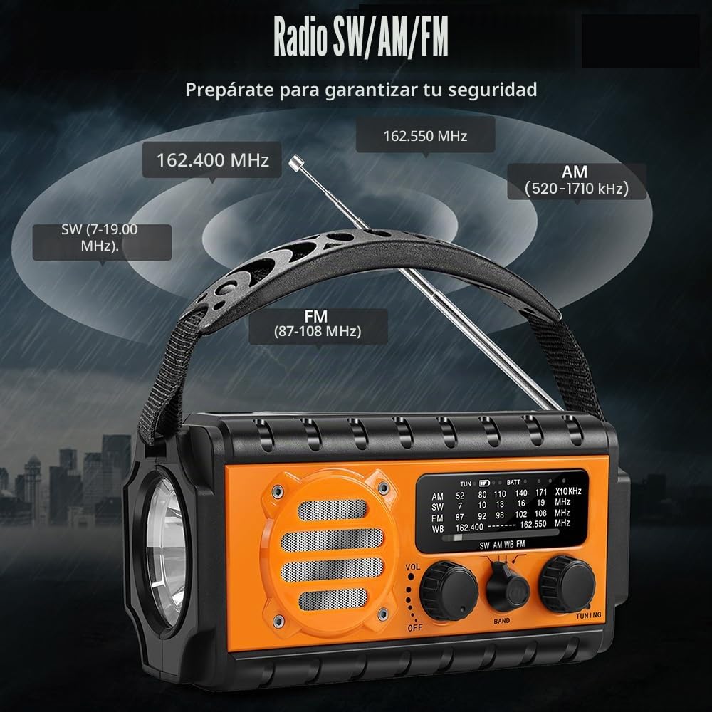 Radio de Emergencia Portátil 20000mAH, TKMARS Radio de Manivela Pequeña Am FM con Solar y Pilas Radios Power Bank con Linterna y Lámpara de Lectura, Alarma SOS, Cargador de Teléfono(Naranja)